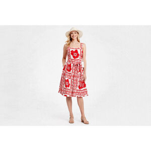 Draper James RSVP Red Ivory Floral Linen Blend Belted Square Neck Sun Dress XL